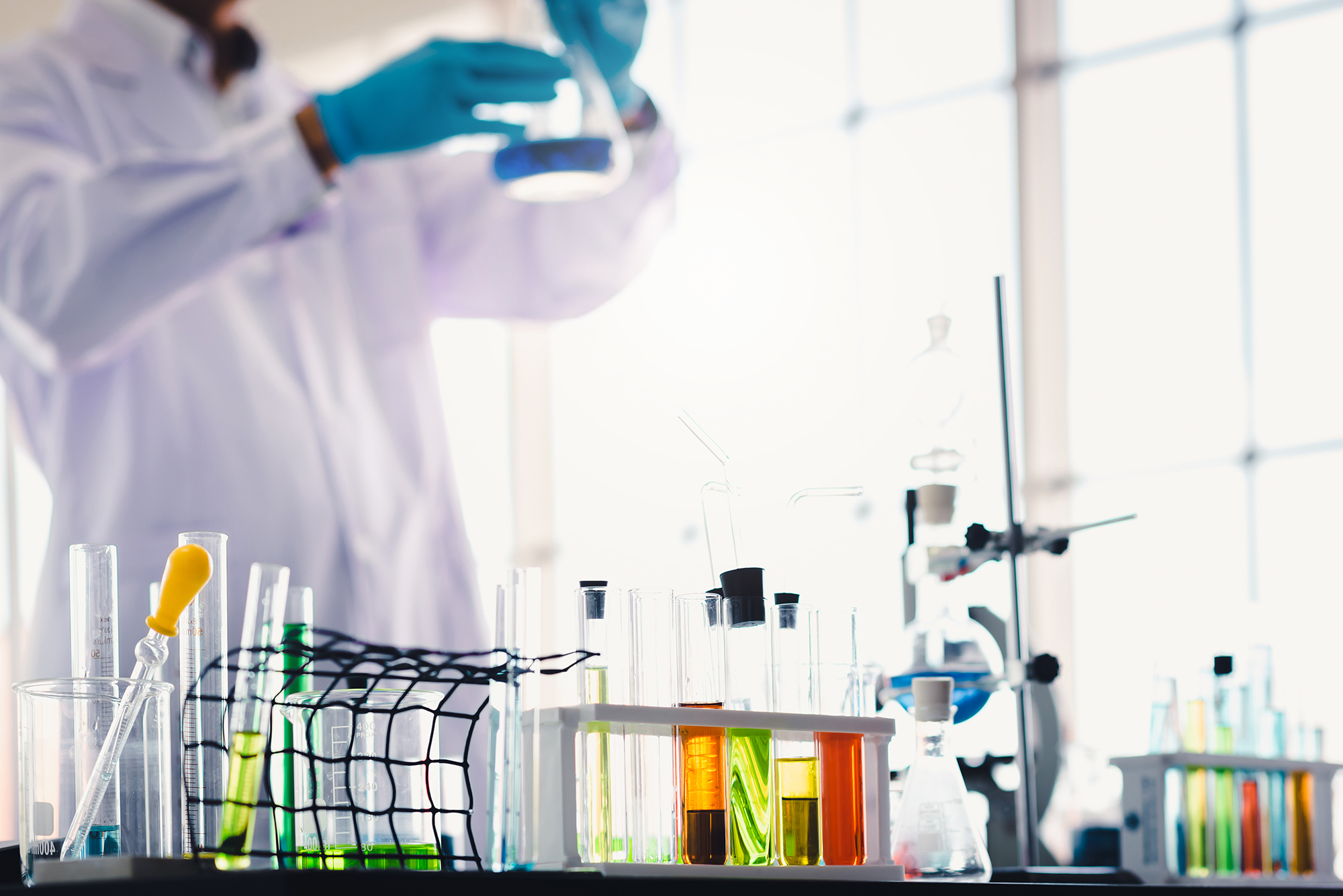 Test tubes with colorful liquid in laboratory